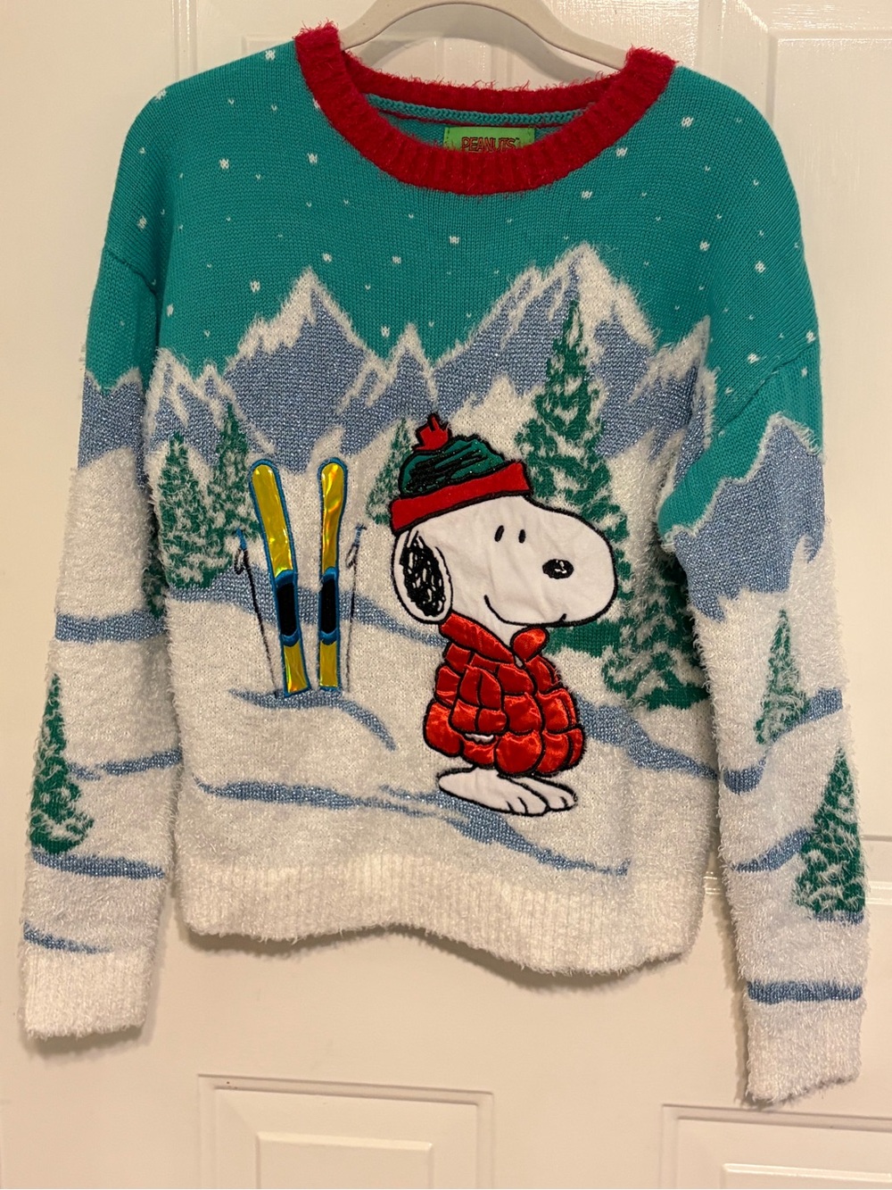 Peanuts Adorable Snow Skiing Snoopy Fuzzy Blue-Green and White Women's Sweater M
